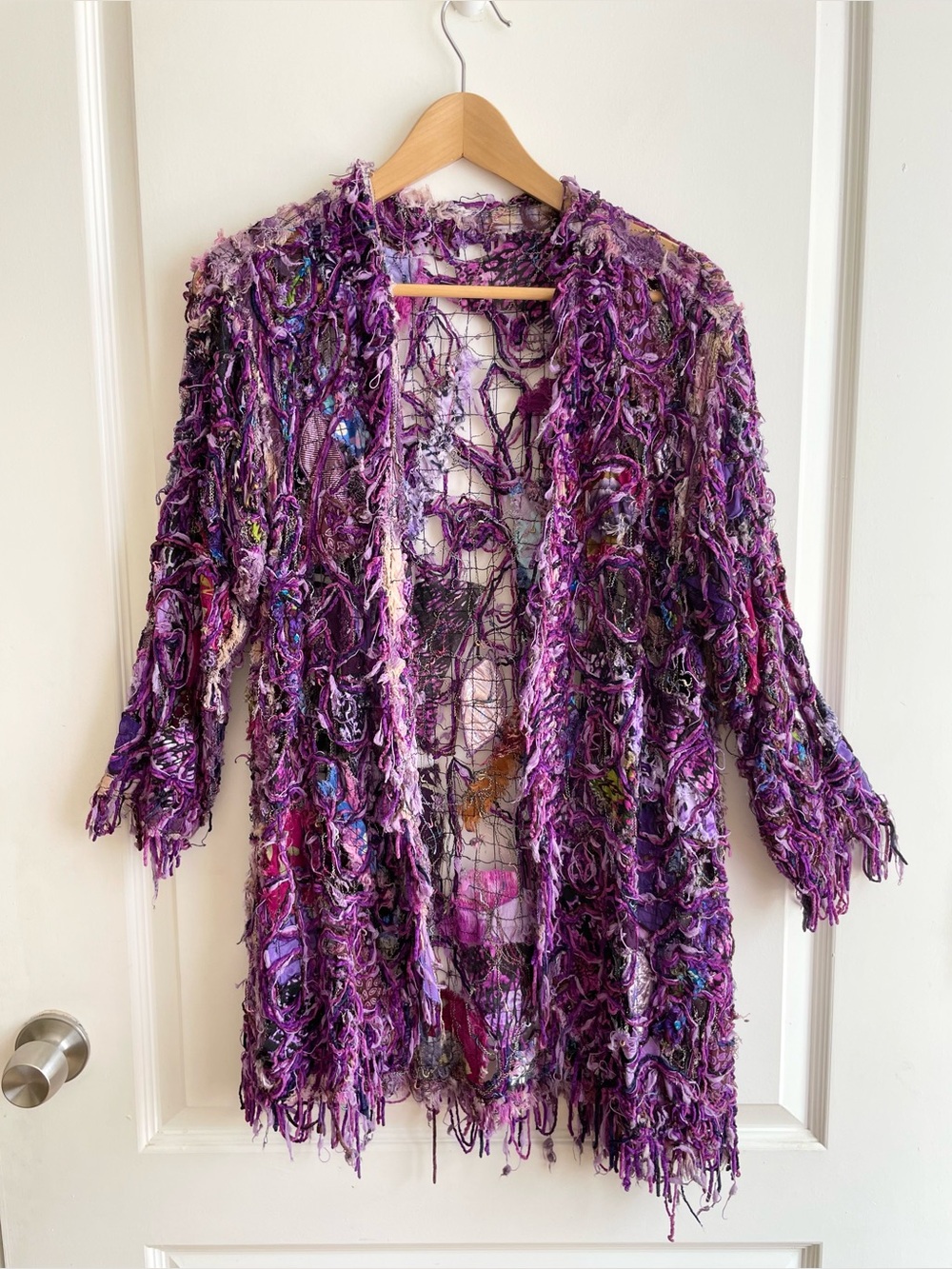 Vintage Handmade Chenille Shaggy Fringe Patchwork Jacket Artsy Boho Colorful L